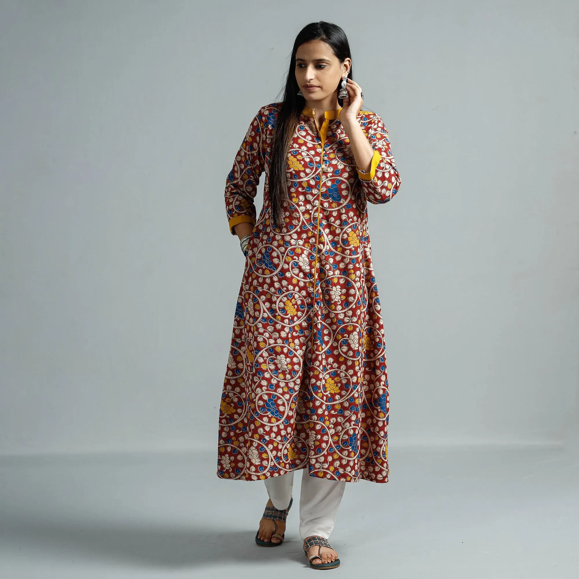 Red - Kalamkari Printed Cotton Flared Kurta