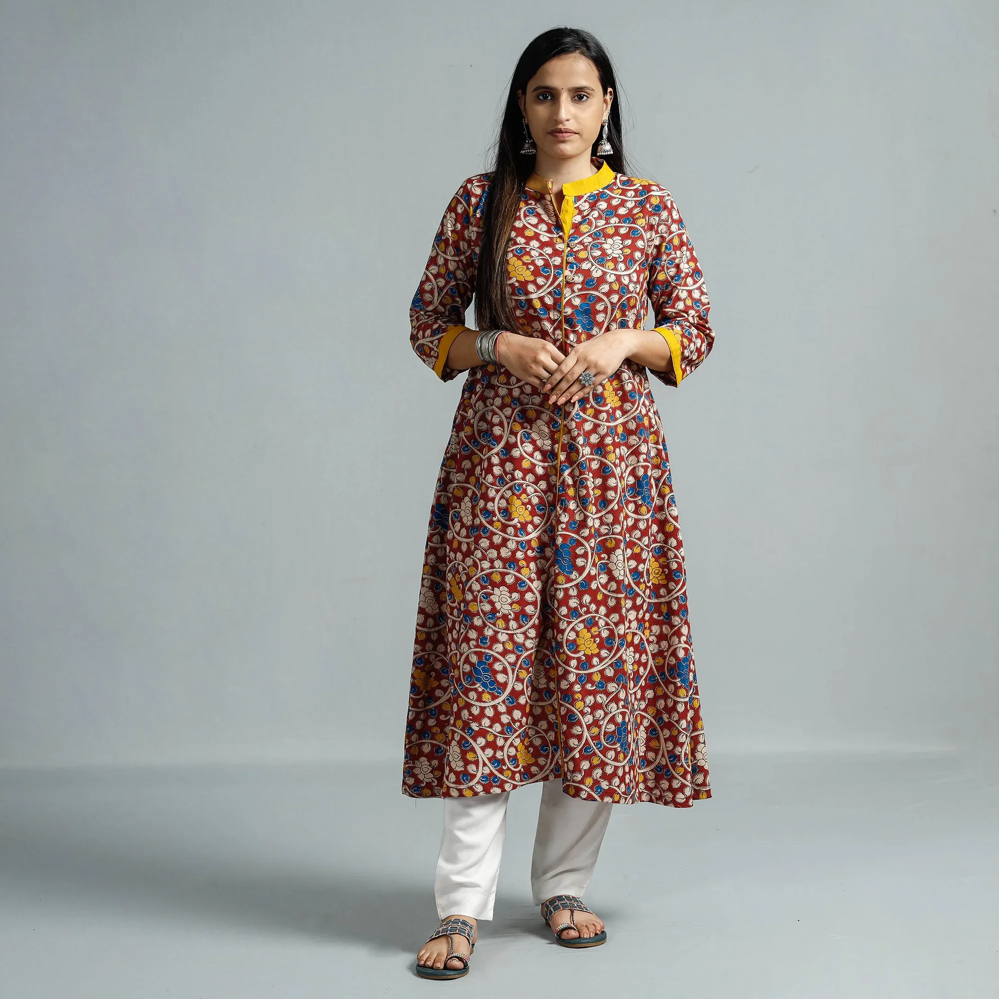 Red - Kalamkari Printed Cotton Flared Kurta