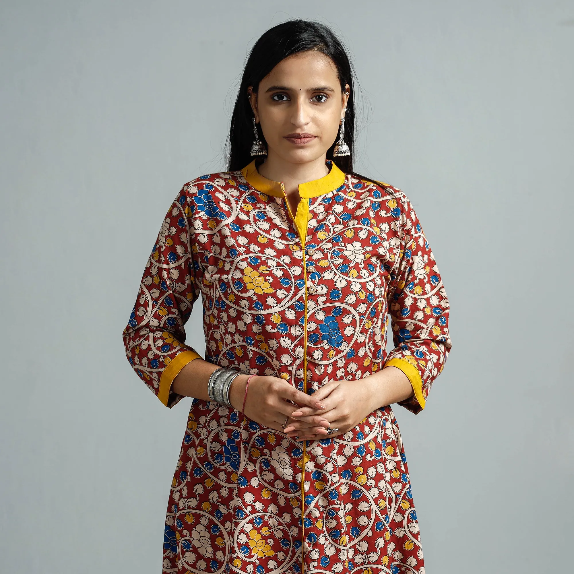 Red - Kalamkari Printed Cotton Flared Kurta