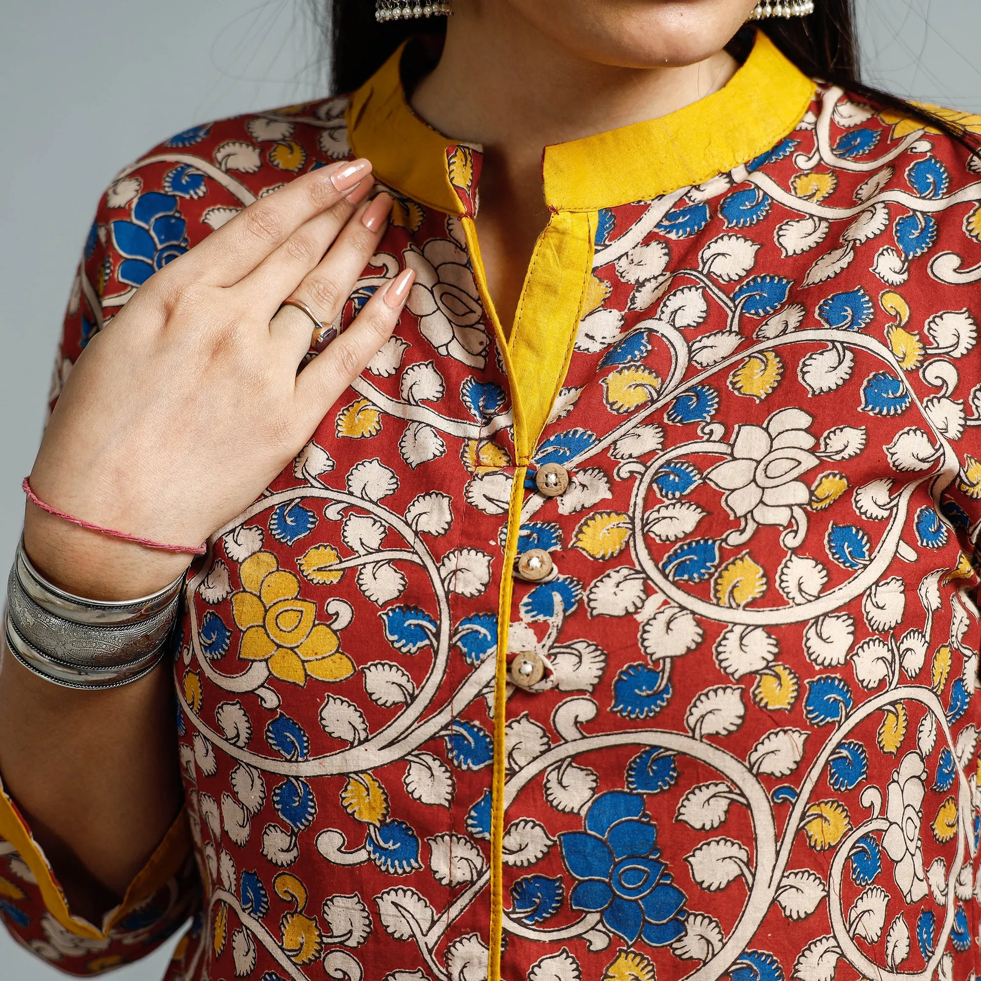 Red - Kalamkari Printed Cotton Flared Kurta