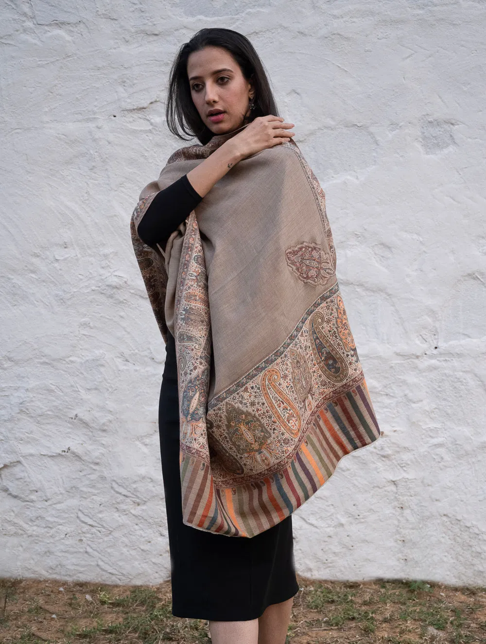 Regal Statement. Exclusive Soft Jamavar Design Kashmiri Shawl - Elegant Beige