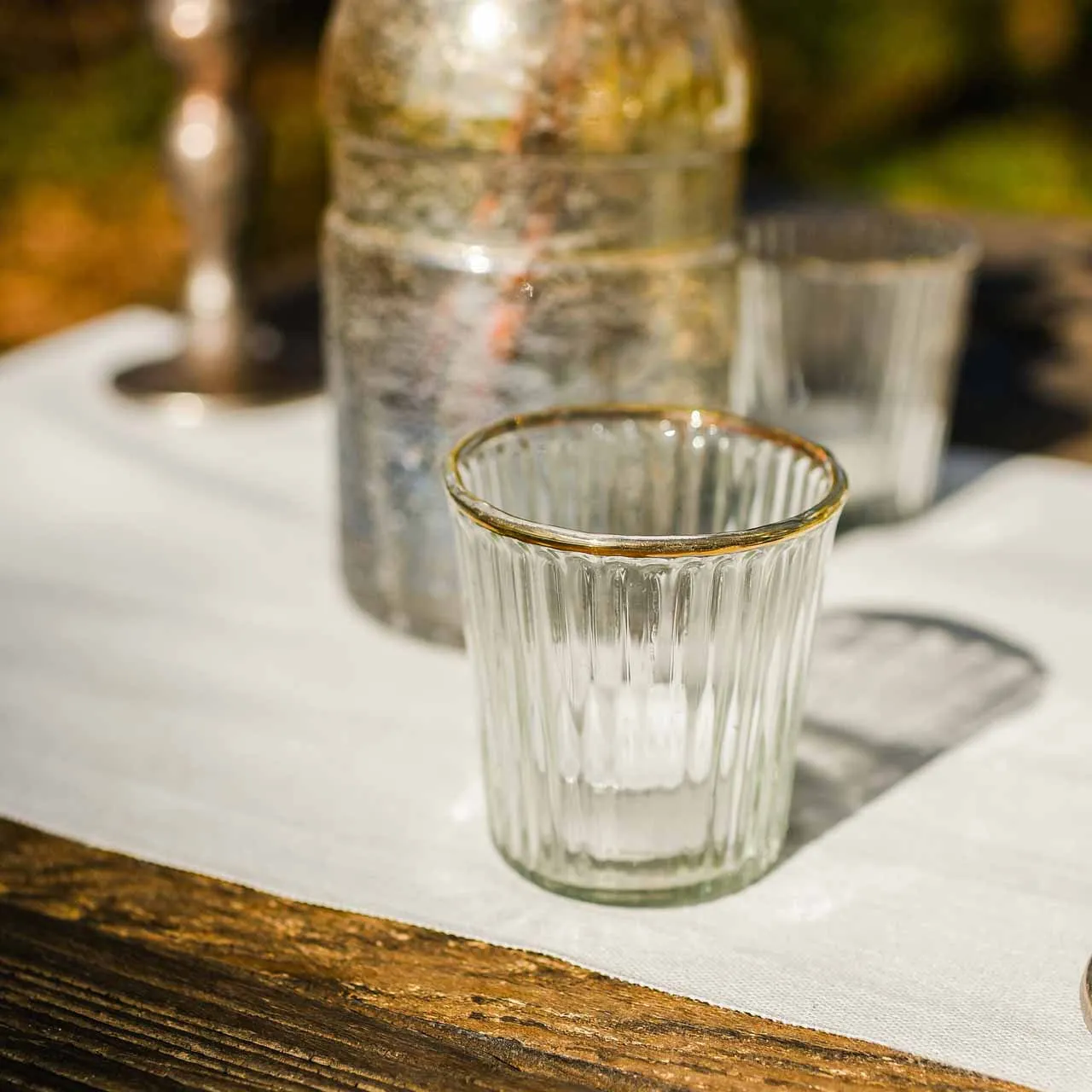 Ribbed Clear Glass Tea Light Holder  with Gold Rim