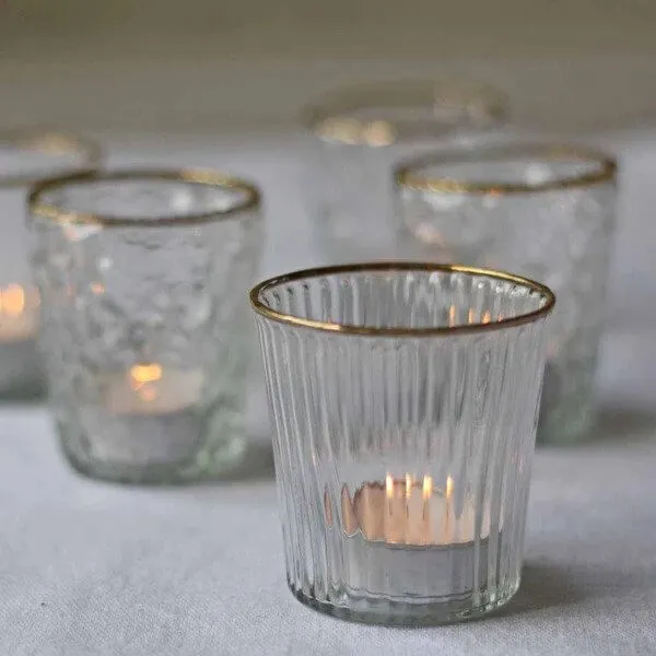 Ribbed Clear Glass Tea Light Holder  with Gold Rim