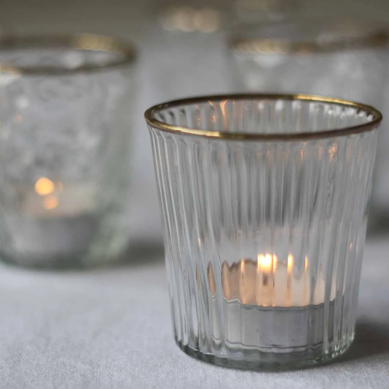 Ribbed Clear Glass Tea Light Holder  with Gold Rim