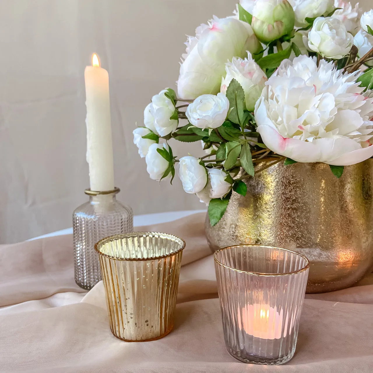 Ribbed Clear Glass Tea Light Holder  with Gold Rim