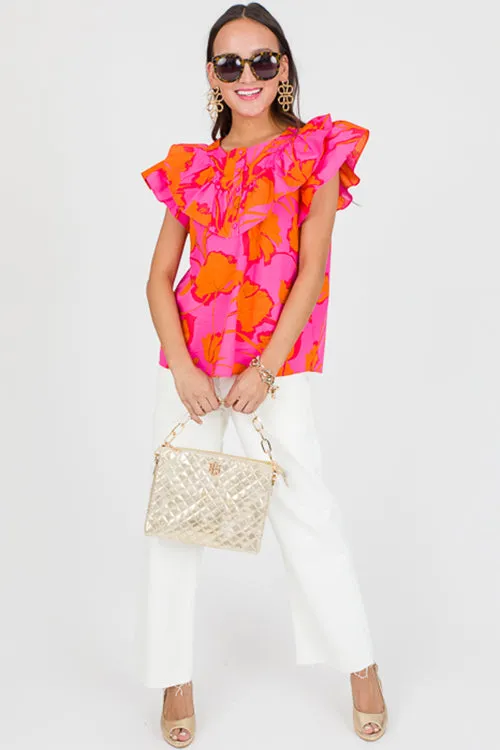 Rose Boho Floral Print Layered Ruffle Blouse