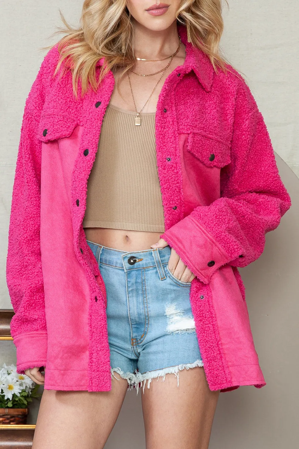 Rosy Faux Suede Sherpa Patchwork Button Up Shacket