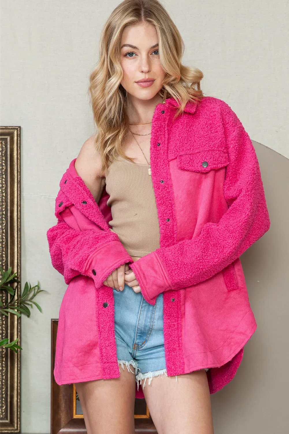 Rosy Faux Suede Sherpa Patchwork Button Up Shacket