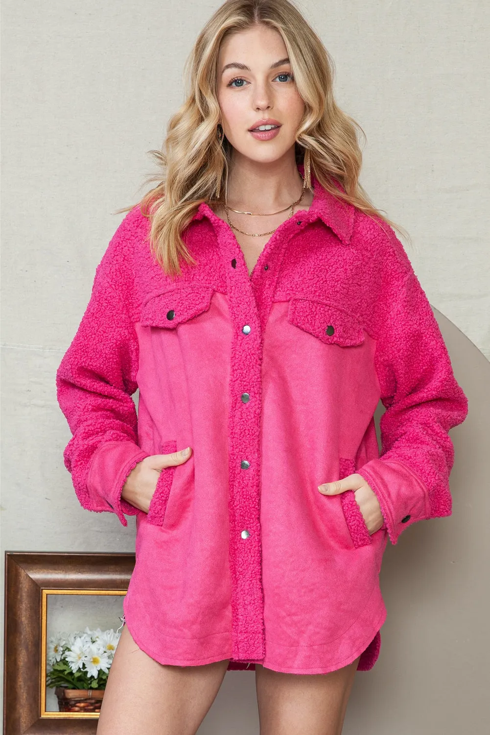 Rosy Faux Suede Sherpa Patchwork Button Up Shacket