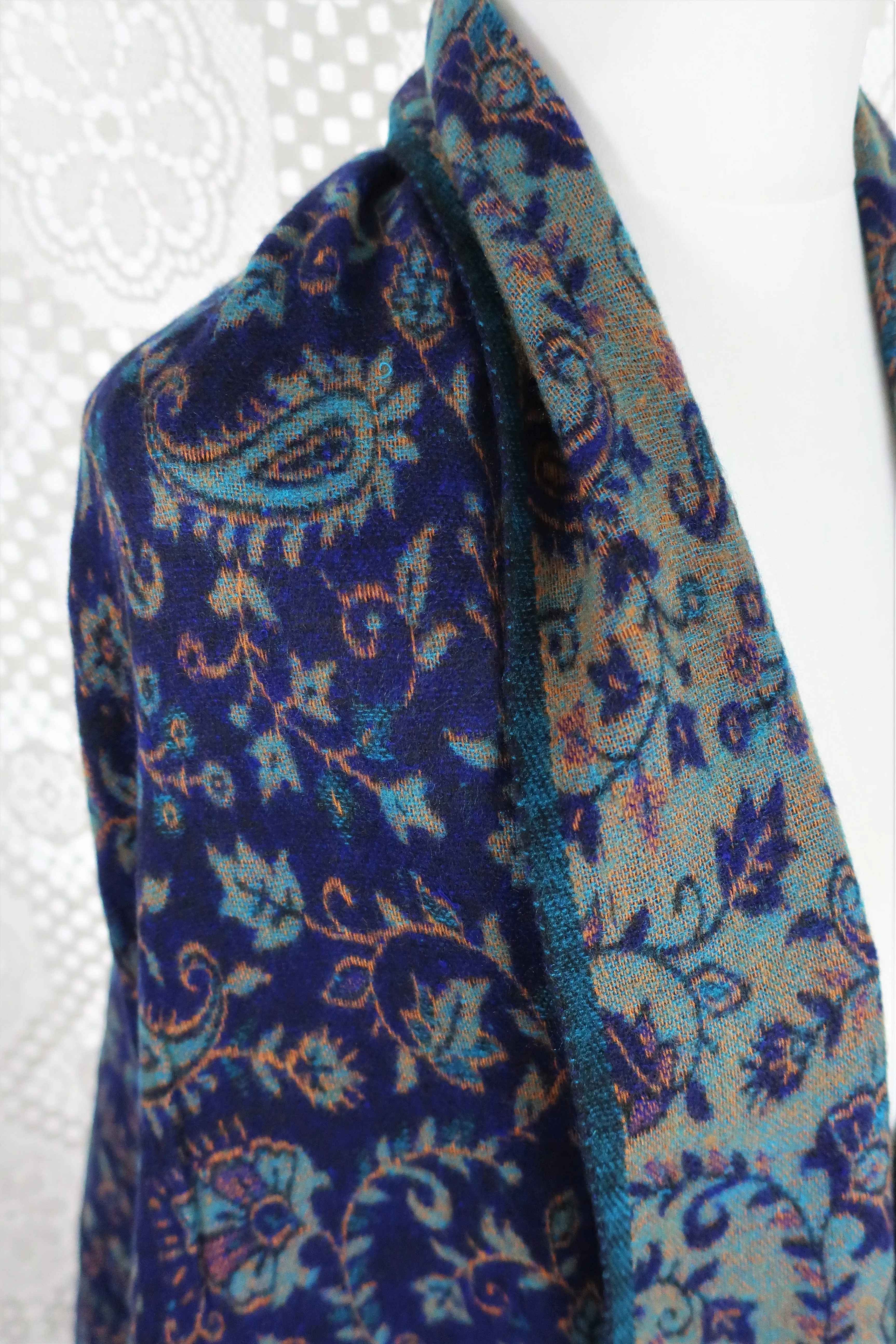 Royal Blue & Gold Reversible Paisley Indian Shawl/Blanket