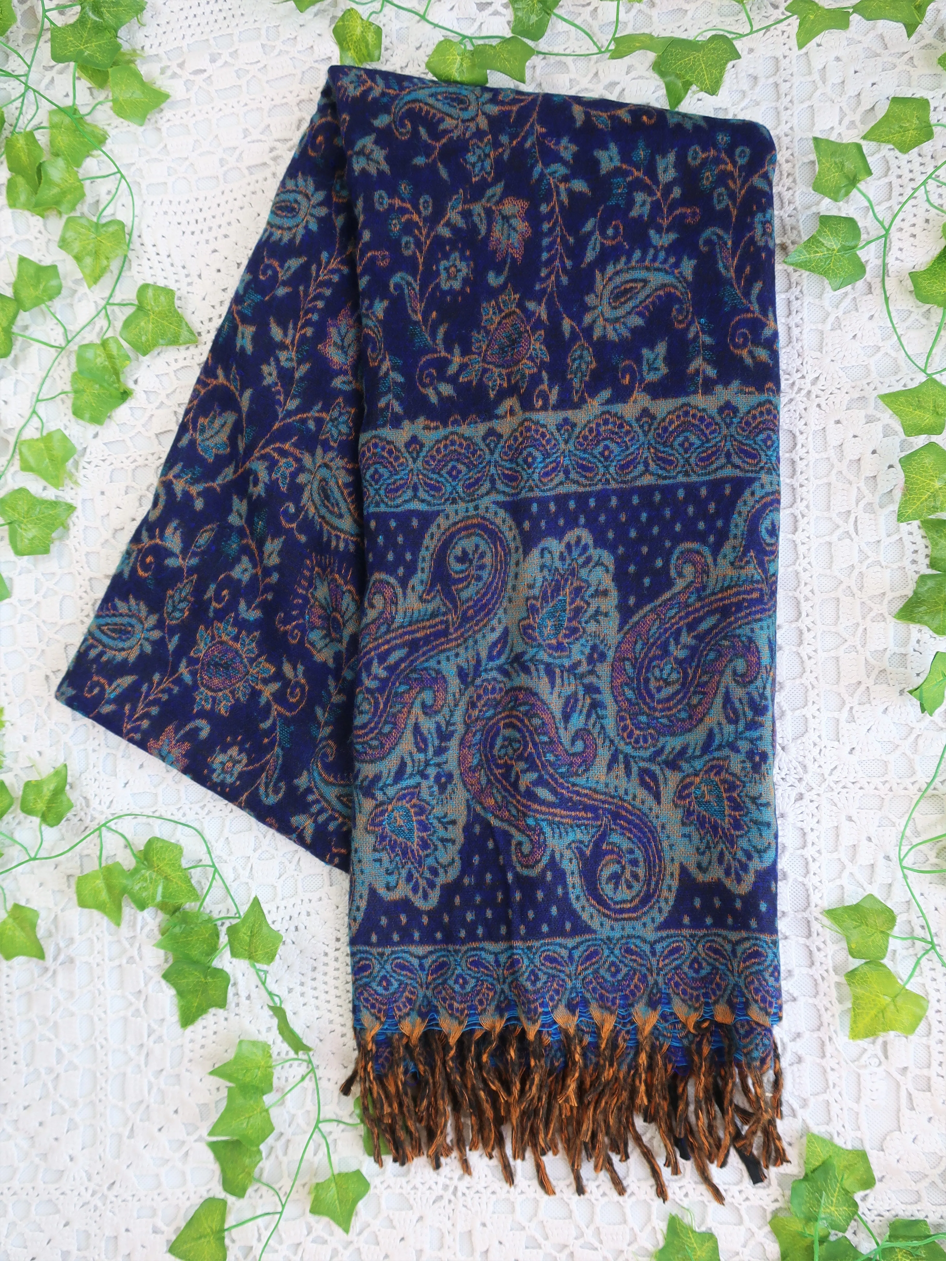 Royal Blue & Gold Reversible Paisley Indian Shawl/Blanket