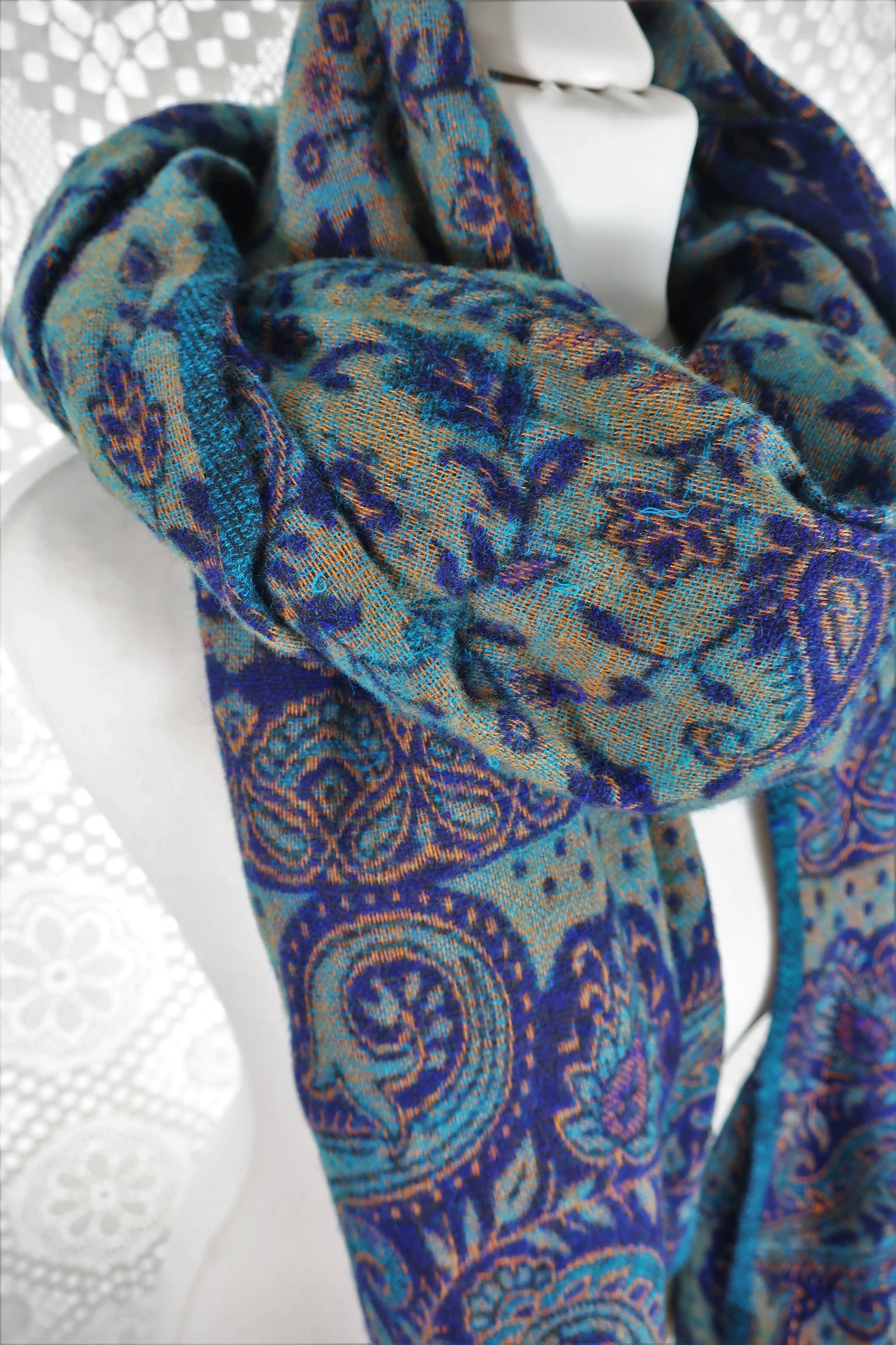 Royal Blue & Gold Reversible Paisley Indian Shawl/Blanket