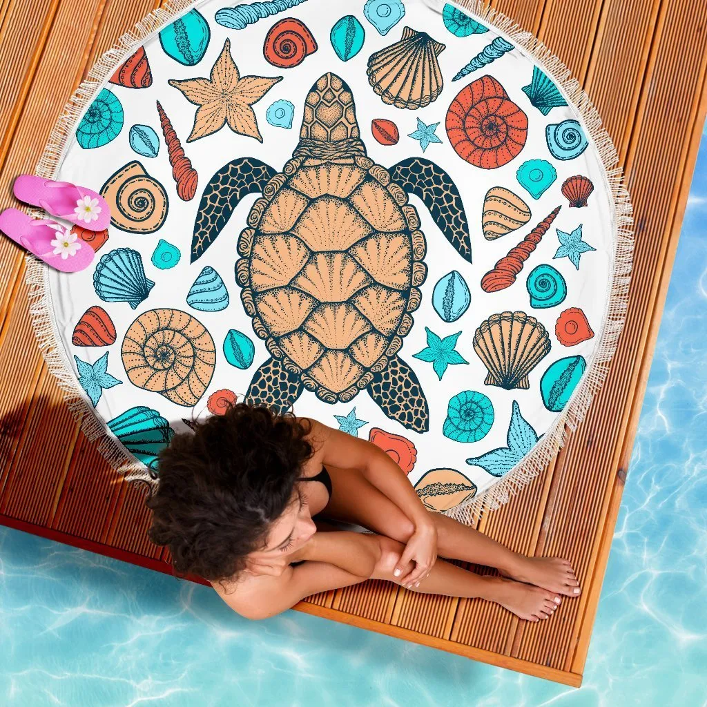 Sea Turtle and Seashells Round Beach Towel