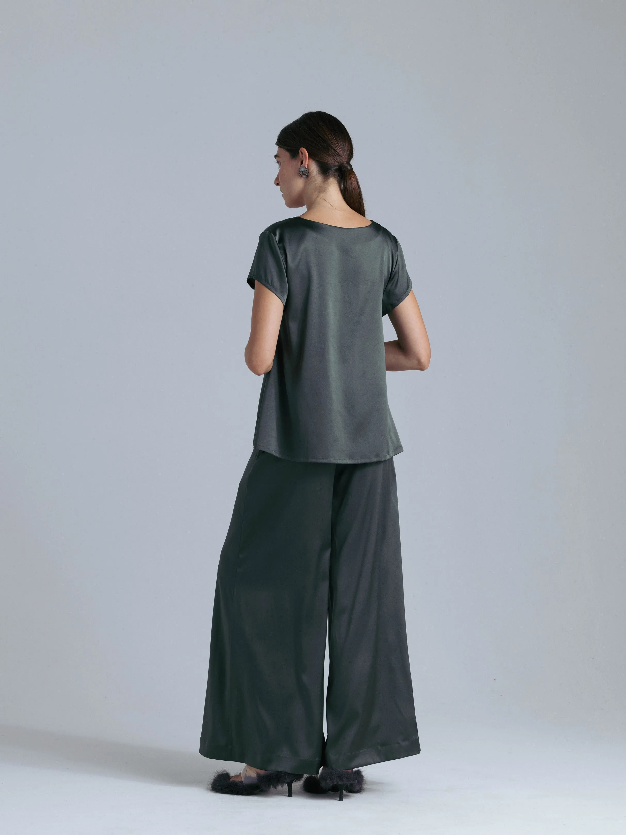 Silk Wide Leg Pants Set 'Leto' in Rich Green