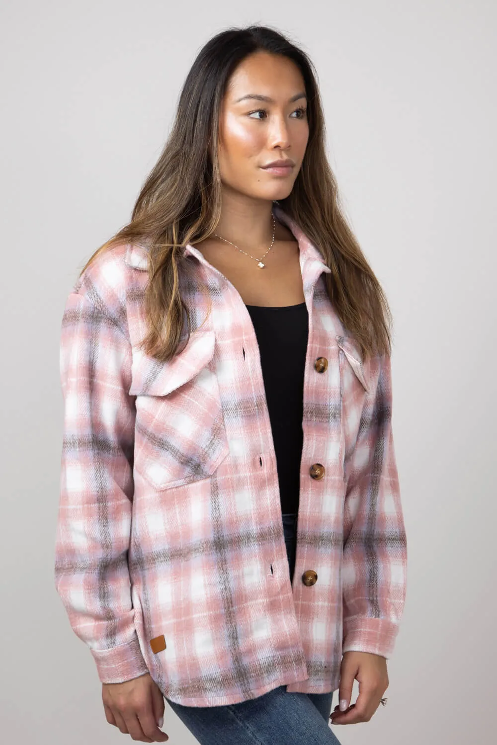 Simply Southern Plaid Shacket for Women in Pink/Tan | PP-0224-SHKT-JKT-TANPLD