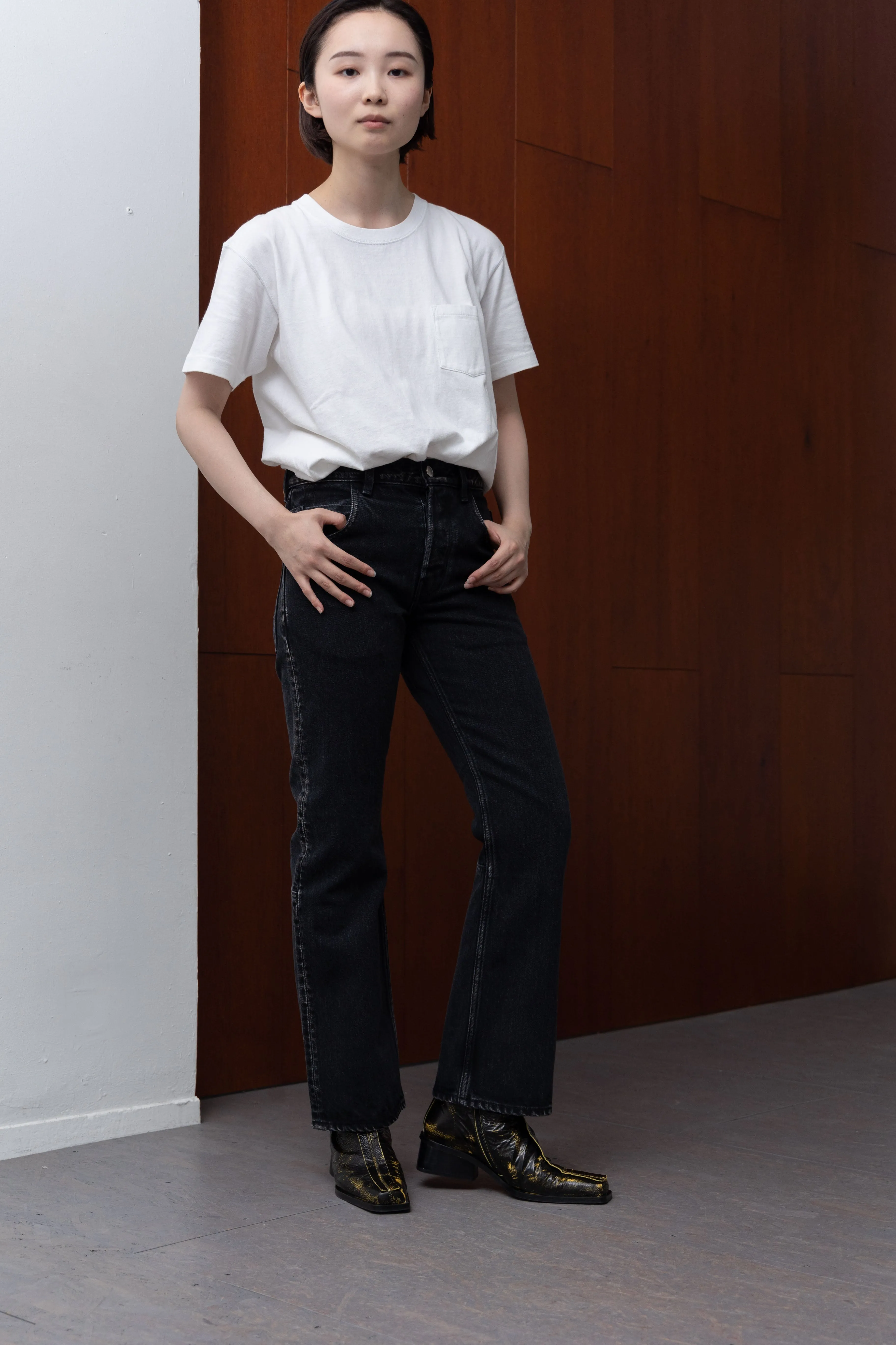 SLIM FLARE DENIM PANTS -Sharon- .06【WASH BLACK】