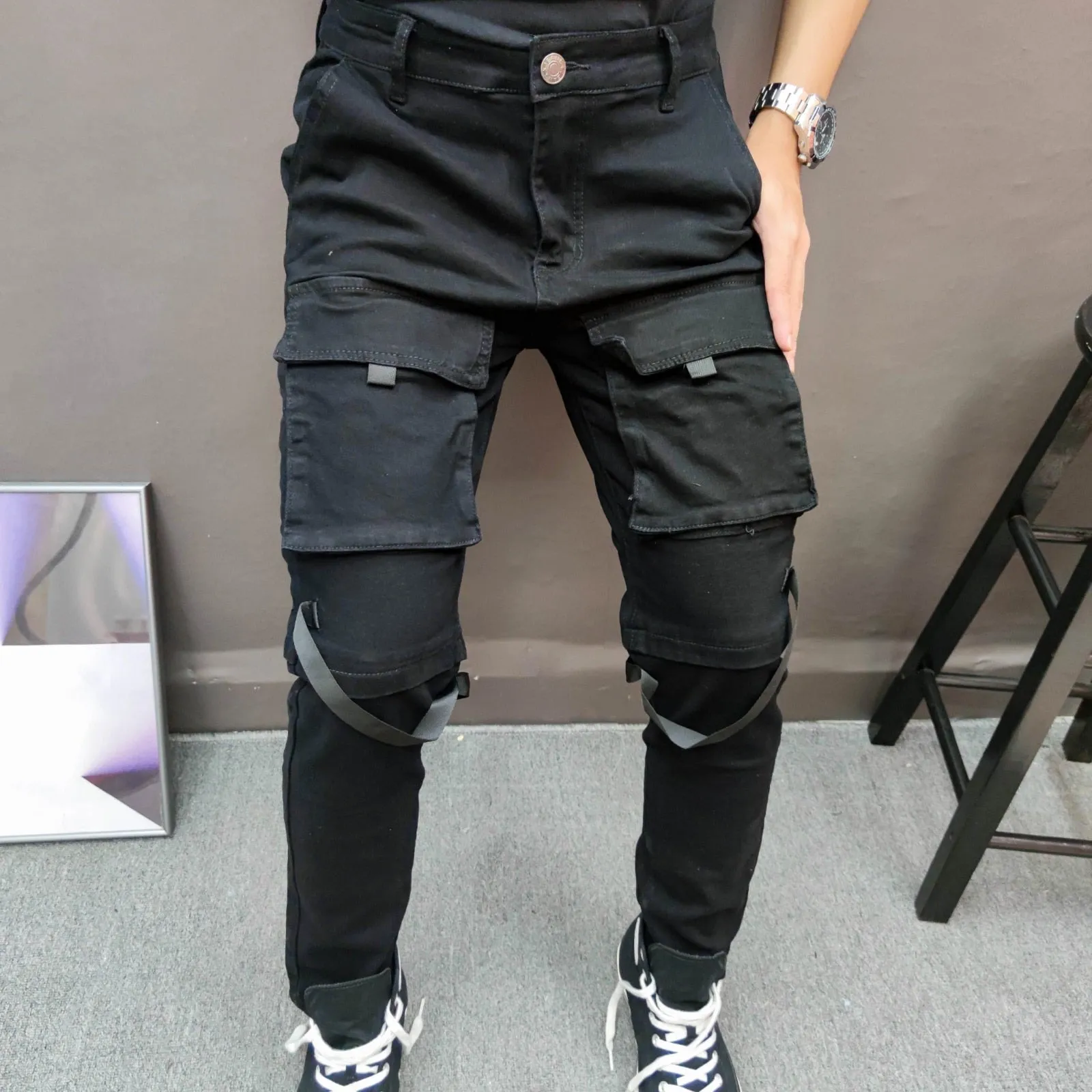 Solid Black Cargo Style Jeans