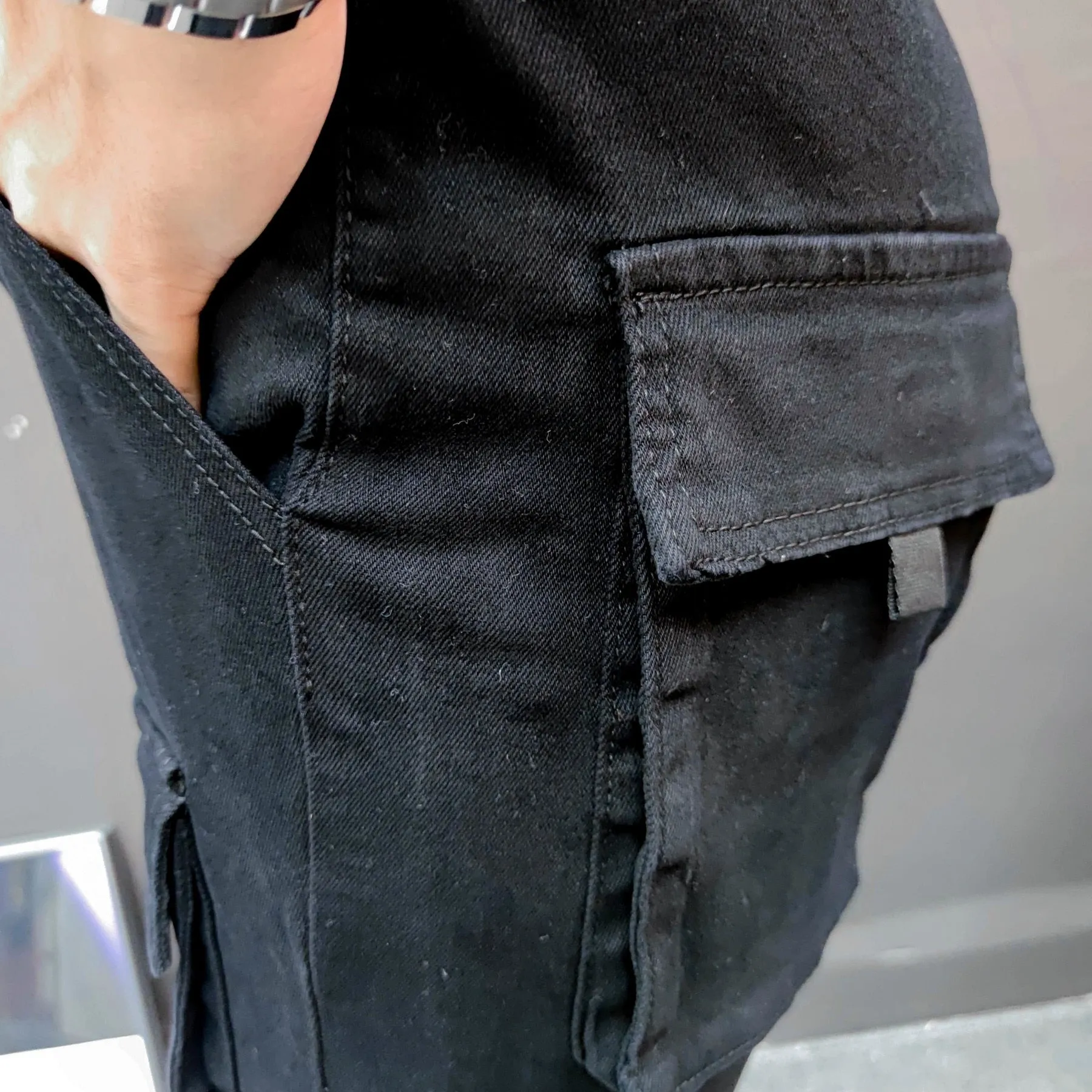 Solid Black Cargo Style Jeans