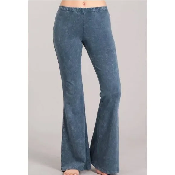 Steel Blue Boho Mineral Wash Flared Bell Bottom Stretch Pull On Pants Womens