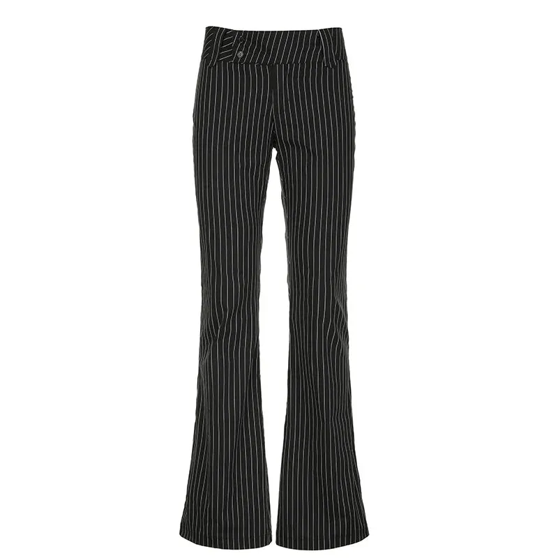 Streetwear Fashion Black Stripe Women Trousers Low Waisted Chic Elegant Flared Pants Chic Ladies Full Length Outfits