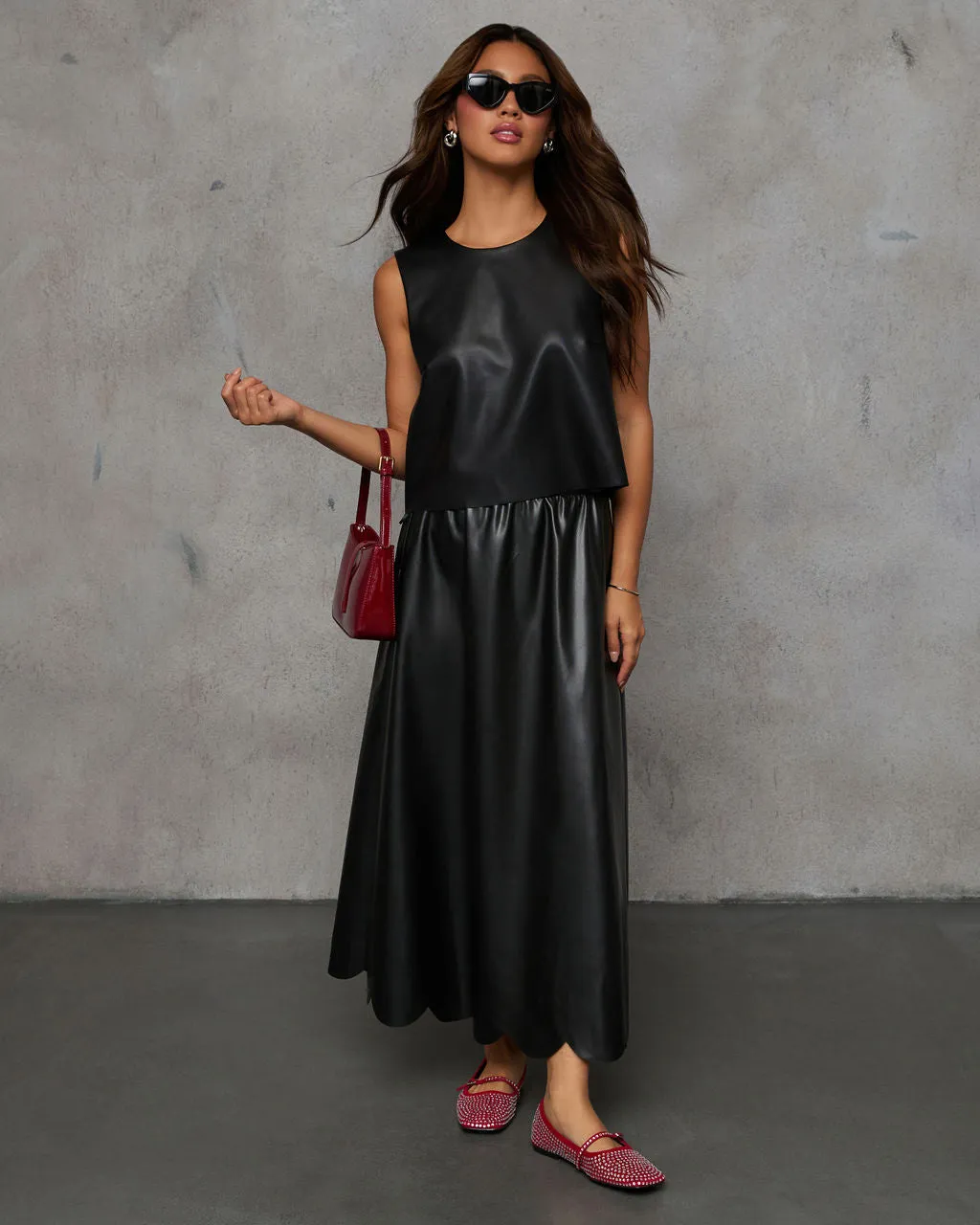 Susana Pleated Leather Midi Skirt