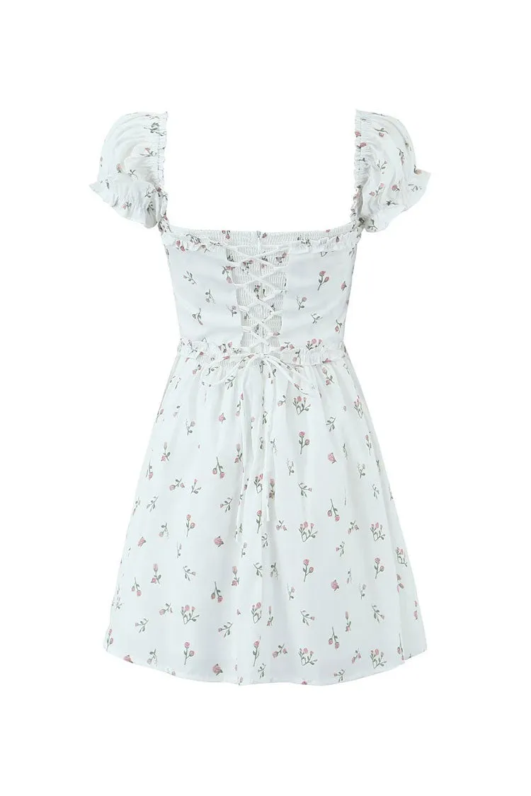 Sweet Bow Bustier Puff Sleeve Lace Up Back Smocked Micro Mini Floral Dress