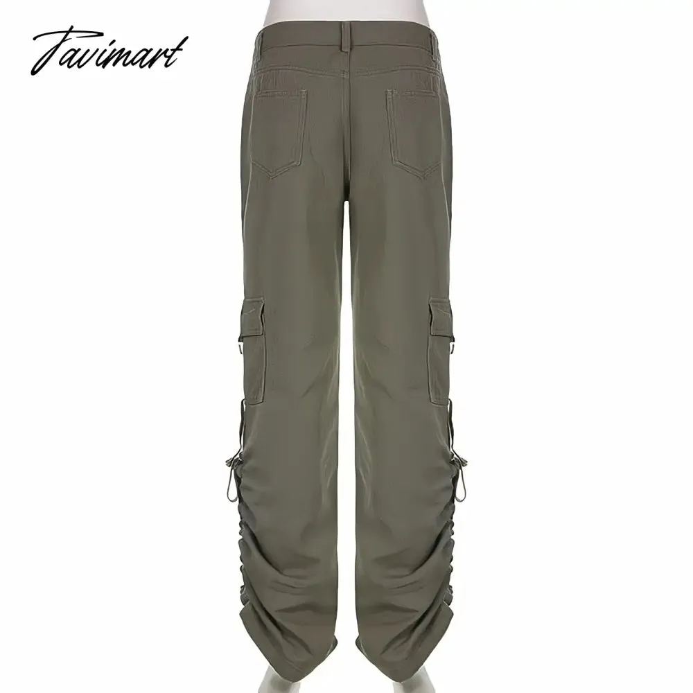 Tavimart American Style Green Cargo Pants Women Vintage 90s Fashion Pocket Low Rise Jeans Y2k Streetwear Drawstring Baggy Mopping Trouser