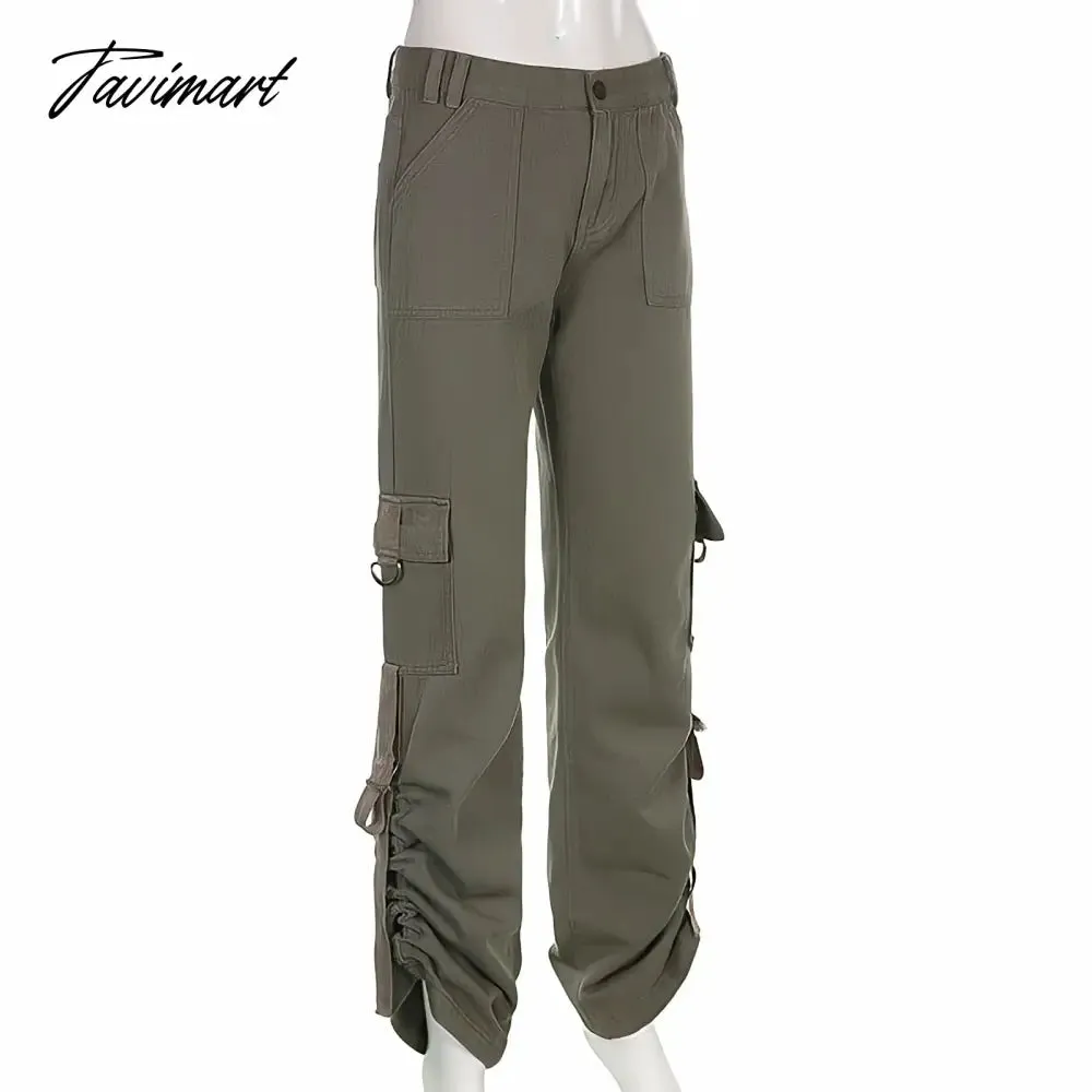 Tavimart American Style Green Cargo Pants Women Vintage 90s Fashion Pocket Low Rise Jeans Y2k Streetwear Drawstring Baggy Mopping Trouser