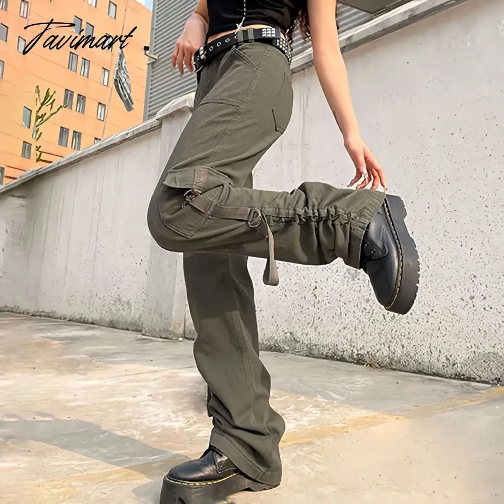 Tavimart American Style Green Cargo Pants Women Vintage 90s Fashion Pocket Low Rise Jeans Y2k Streetwear Drawstring Baggy Mopping Trouser