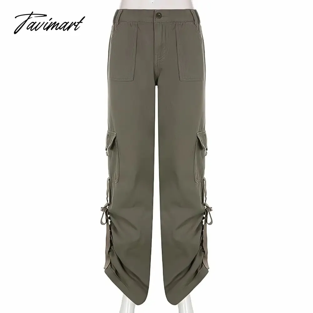 Tavimart American Style Green Cargo Pants Women Vintage 90s Fashion Pocket Low Rise Jeans Y2k Streetwear Drawstring Baggy Mopping Trouser