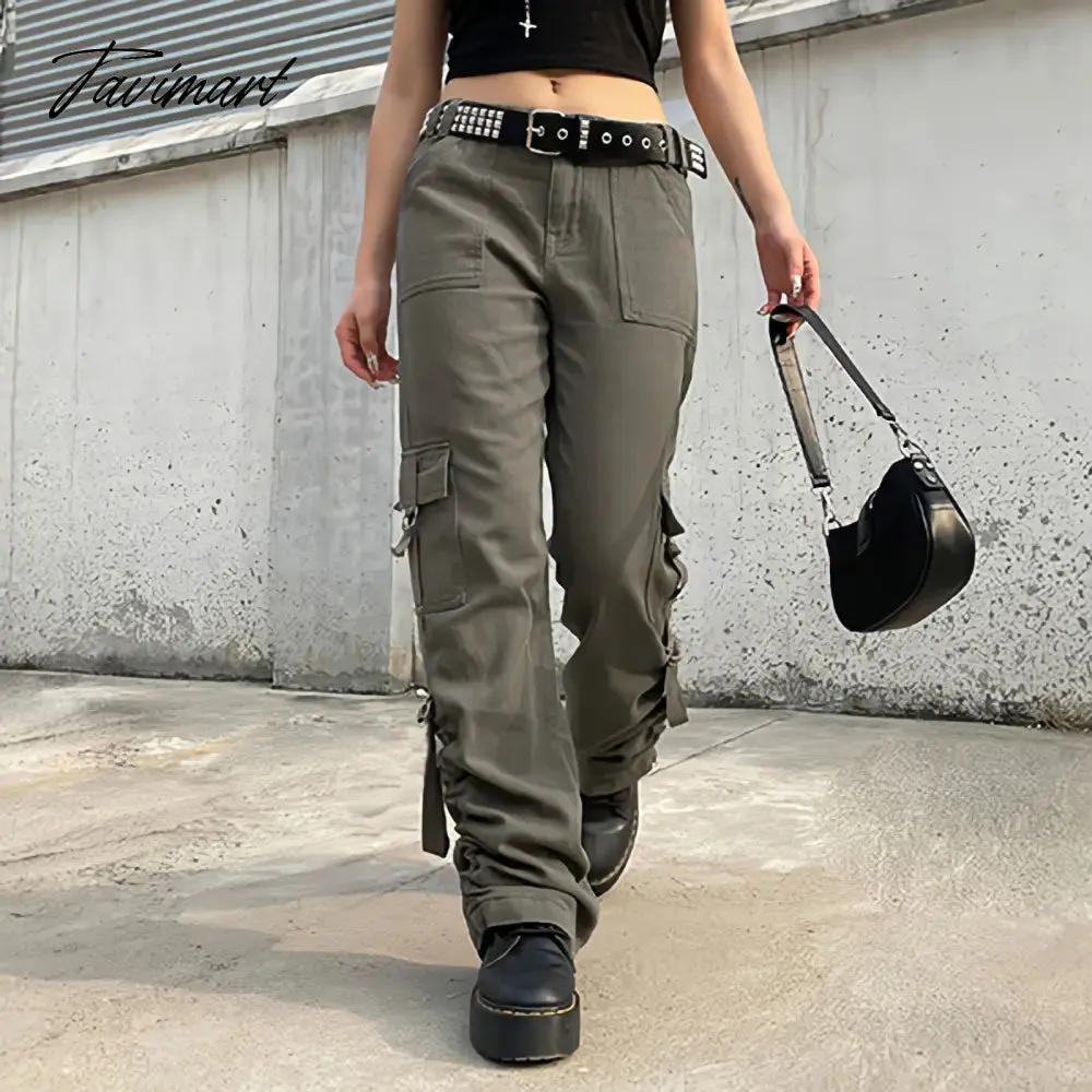 Tavimart American Style Green Cargo Pants Women Vintage 90s Fashion Pocket Low Rise Jeans Y2k Streetwear Drawstring Baggy Mopping Trouser