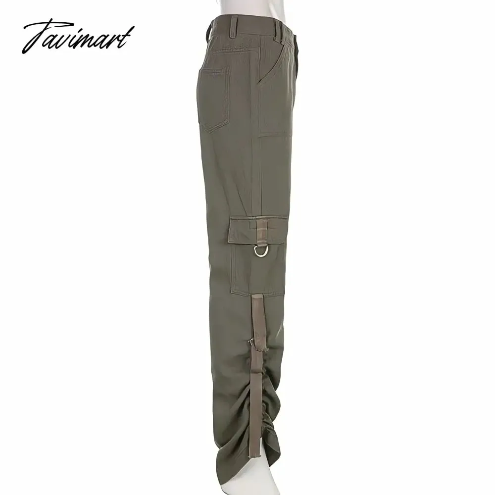 Tavimart American Style Green Cargo Pants Women Vintage 90s Fashion Pocket Low Rise Jeans Y2k Streetwear Drawstring Baggy Mopping Trouser