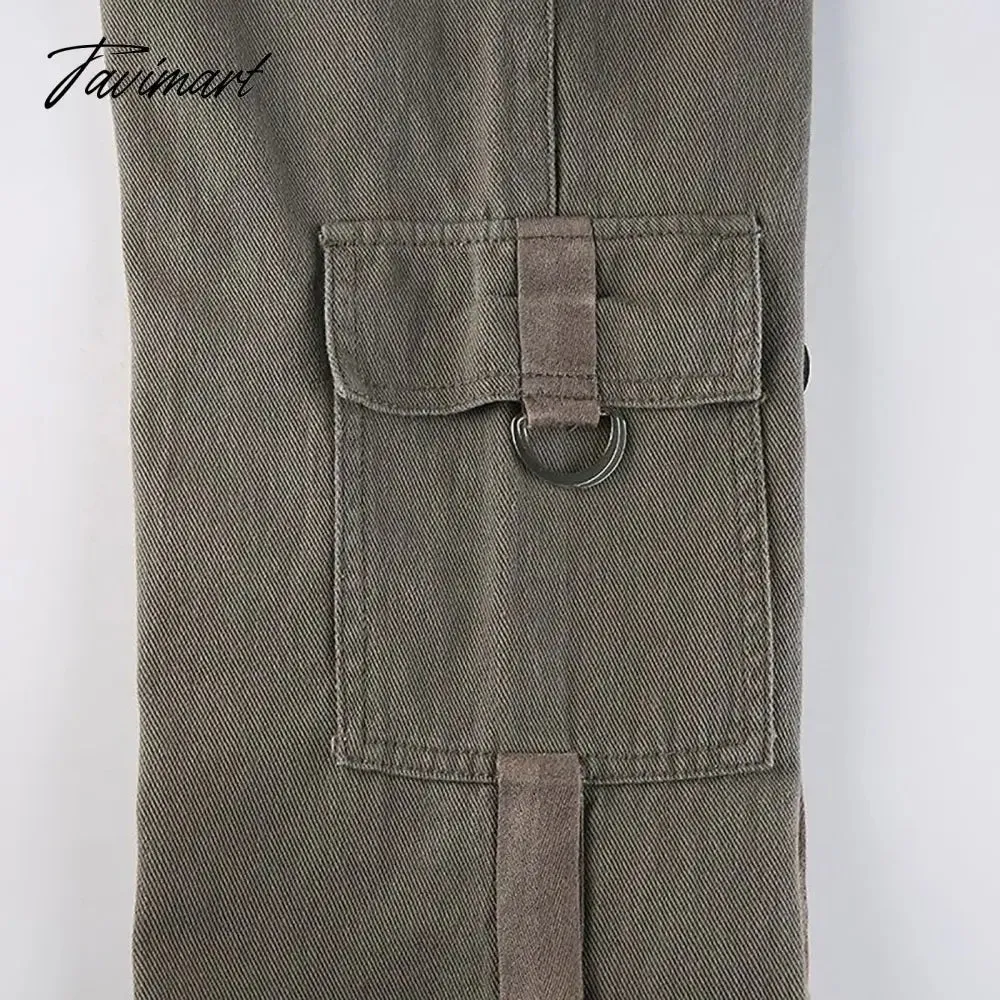 Tavimart American Style Green Cargo Pants Women Vintage 90s Fashion Pocket Low Rise Jeans Y2k Streetwear Drawstring Baggy Mopping Trouser