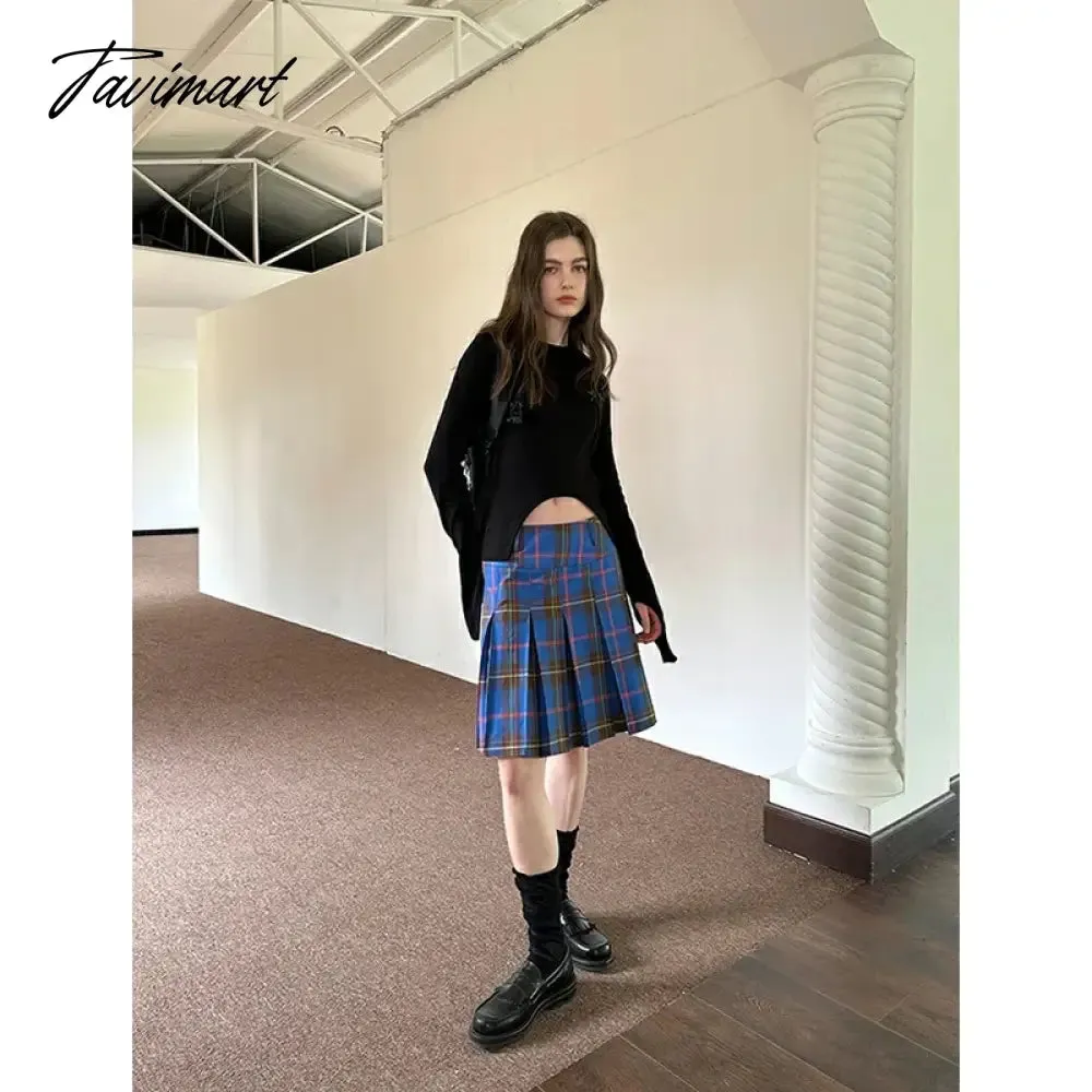 TAVIMART  -  Blue Plaid Pleated Skirts Women Korea Style A-Line Leather Buckle Decoration High Waist Mid Long Skirt Slim Casual Y2k Clothing