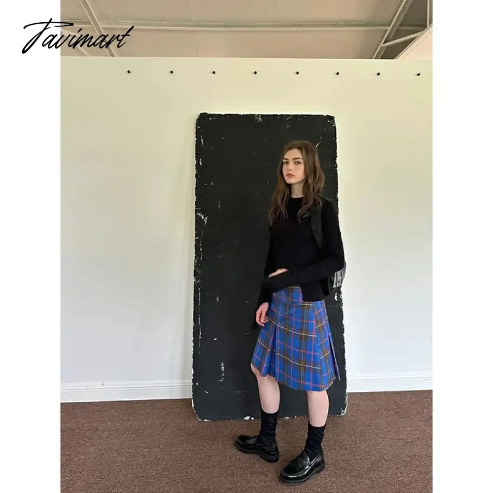 TAVIMART  -  Blue Plaid Pleated Skirts Women Korea Style A-Line Leather Buckle Decoration High Waist Mid Long Skirt Slim Casual Y2k Clothing