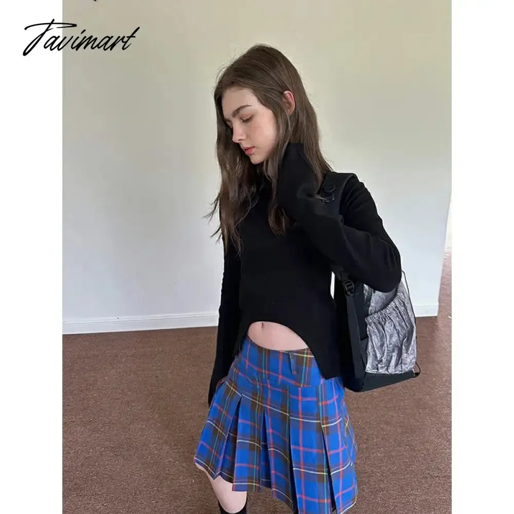 TAVIMART  -  Blue Plaid Pleated Skirts Women Korea Style A-Line Leather Buckle Decoration High Waist Mid Long Skirt Slim Casual Y2k Clothing