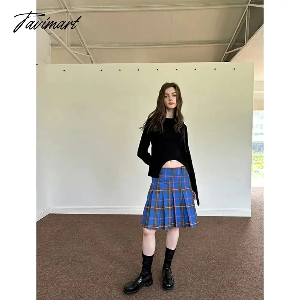 TAVIMART  -  Blue Plaid Pleated Skirts Women Korea Style A-Line Leather Buckle Decoration High Waist Mid Long Skirt Slim Casual Y2k Clothing