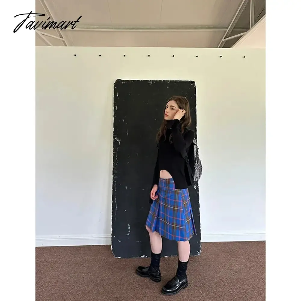 TAVIMART  -  Blue Plaid Pleated Skirts Women Korea Style A-Line Leather Buckle Decoration High Waist Mid Long Skirt Slim Casual Y2k Clothing