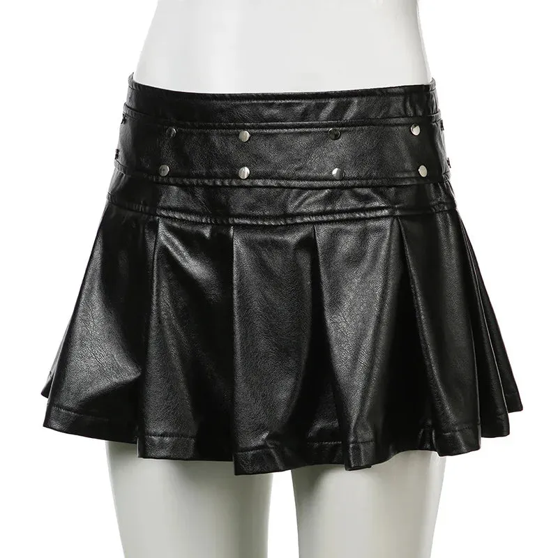 TAVIMART  -  Y2K Rivet PU Leather Mini Skirt Hot Girl Pleated Skirt Punk Zipper Low Waist Black Party Club Skirt Female Autumn Fashion