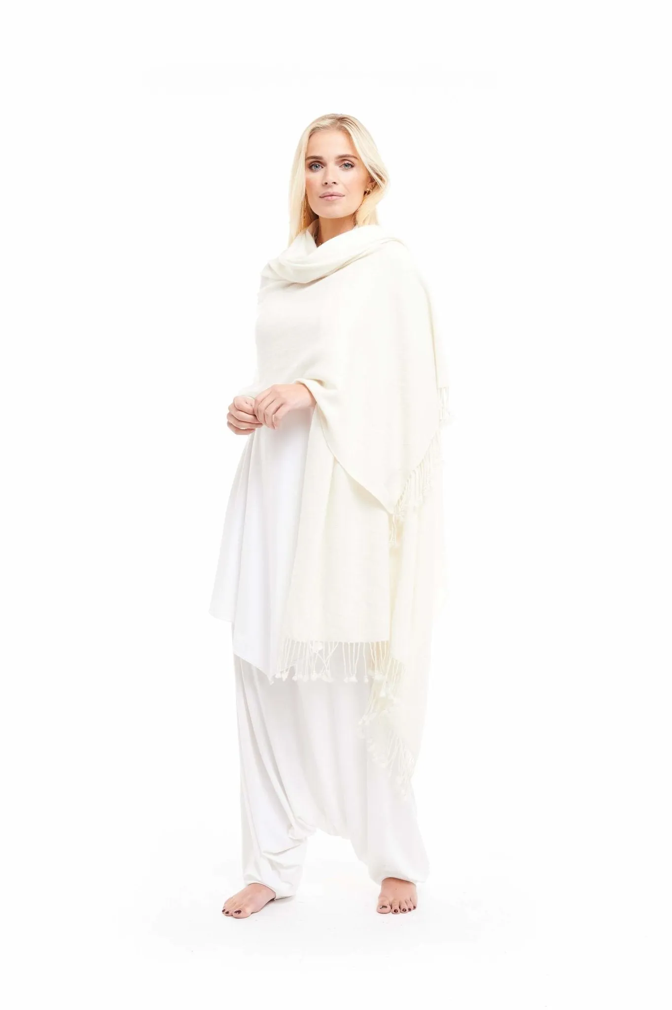 THICK LUXURY CASHMERE HERRINGBONE SHAWL - WHITE