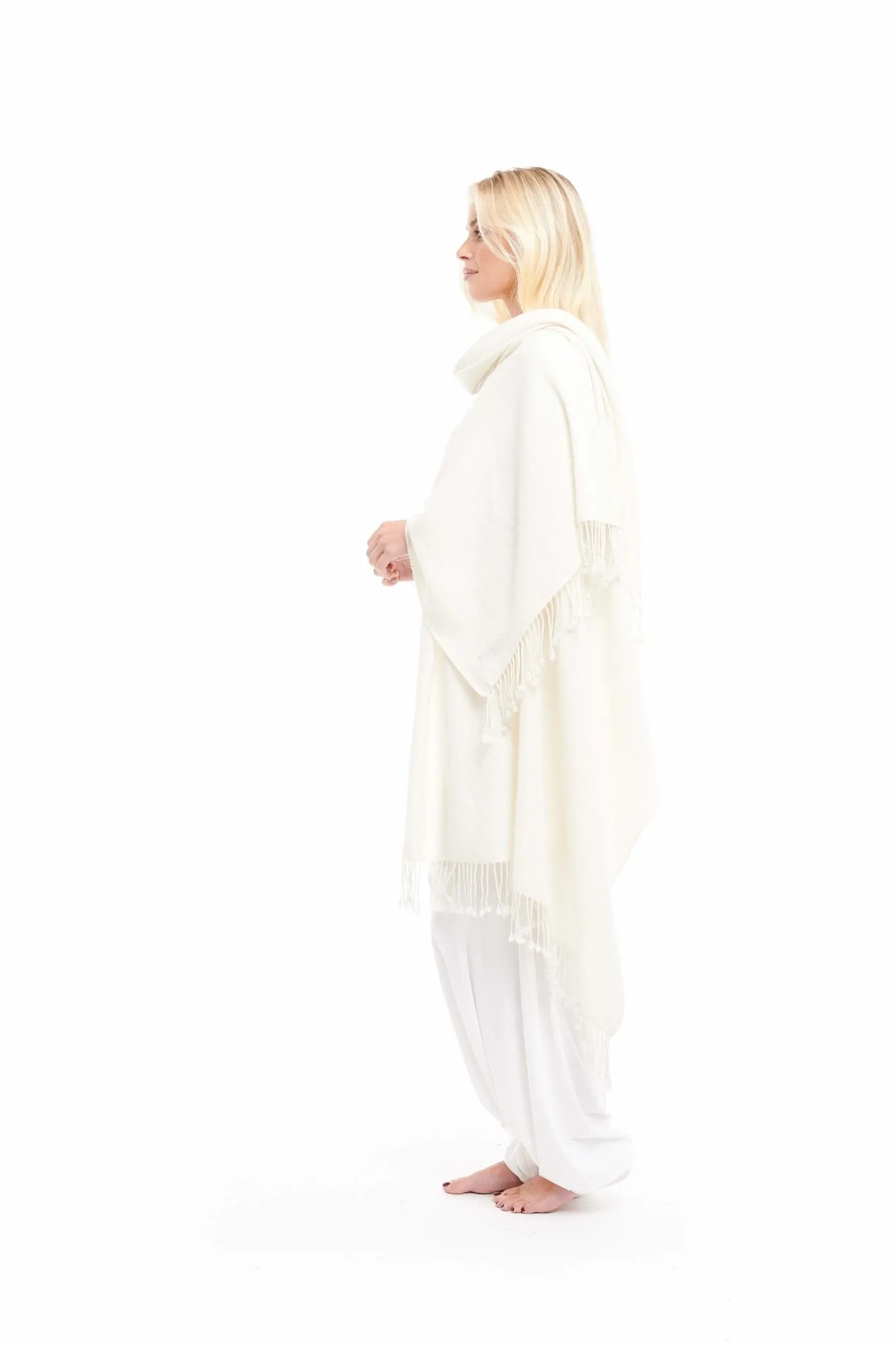 THICK LUXURY CASHMERE HERRINGBONE SHAWL - WHITE