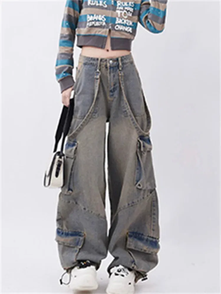 Toleet Blue Cargo Pants Women 2024 Vintage New Loose Washed Do Old Low Rise Jeans Chic Hip Hop Straight Full Length Wide Leg Jeans 240921