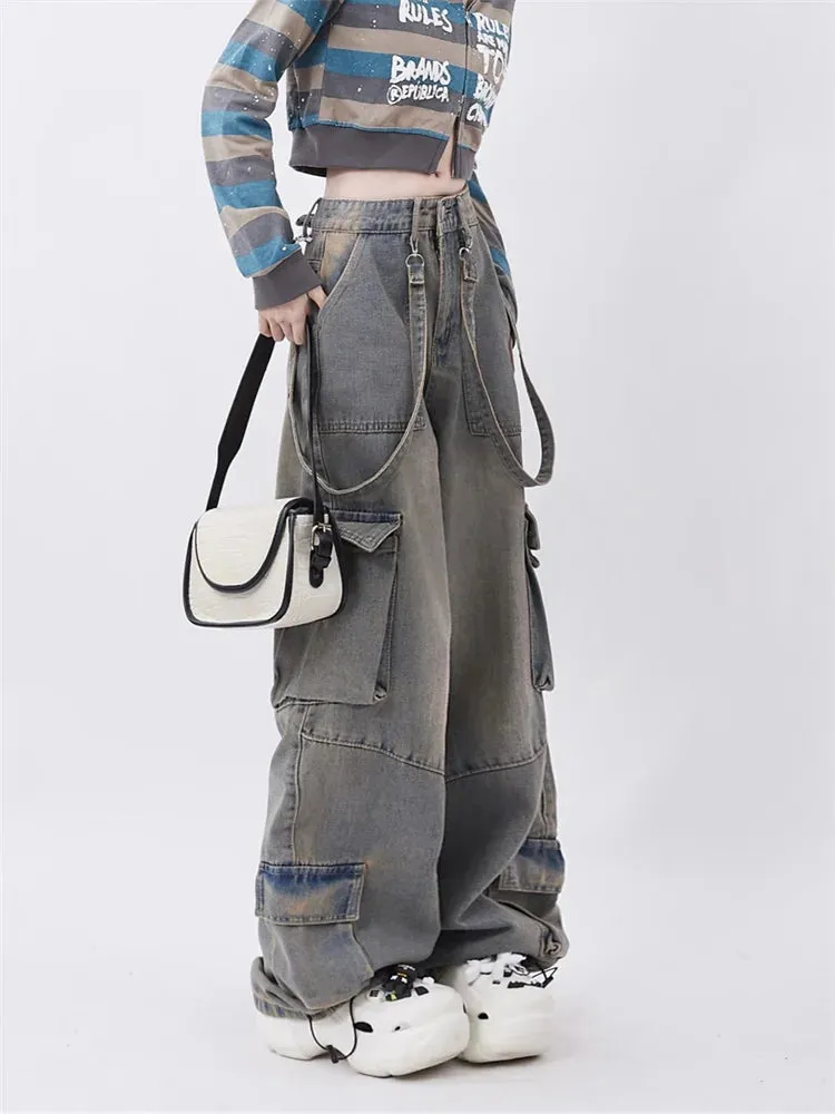 Toleet Blue Cargo Pants Women 2024 Vintage New Loose Washed Do Old Low Rise Jeans Chic Hip Hop Straight Full Length Wide Leg Jeans 240921