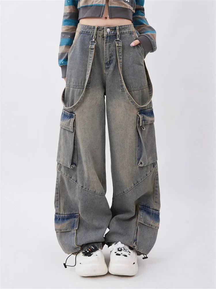 Toleet Blue Cargo Pants Women 2024 Vintage New Loose Washed Do Old Low Rise Jeans Chic Hip Hop Straight Full Length Wide Leg Jeans 240921