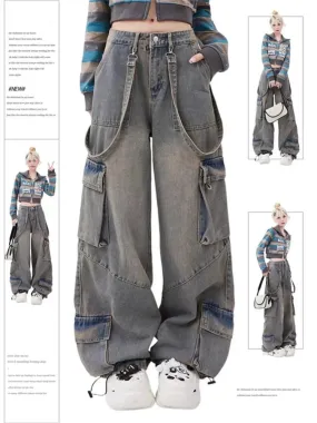 Toleet Blue Cargo Pants Women 2024 Vintage New Loose Washed Do Old Low Rise Jeans Chic Hip Hop Straight Full Length Wide Leg Jeans 240921