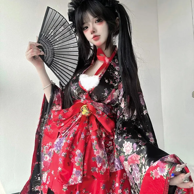 Traditional Japanese Pink & Black Kimono Dress