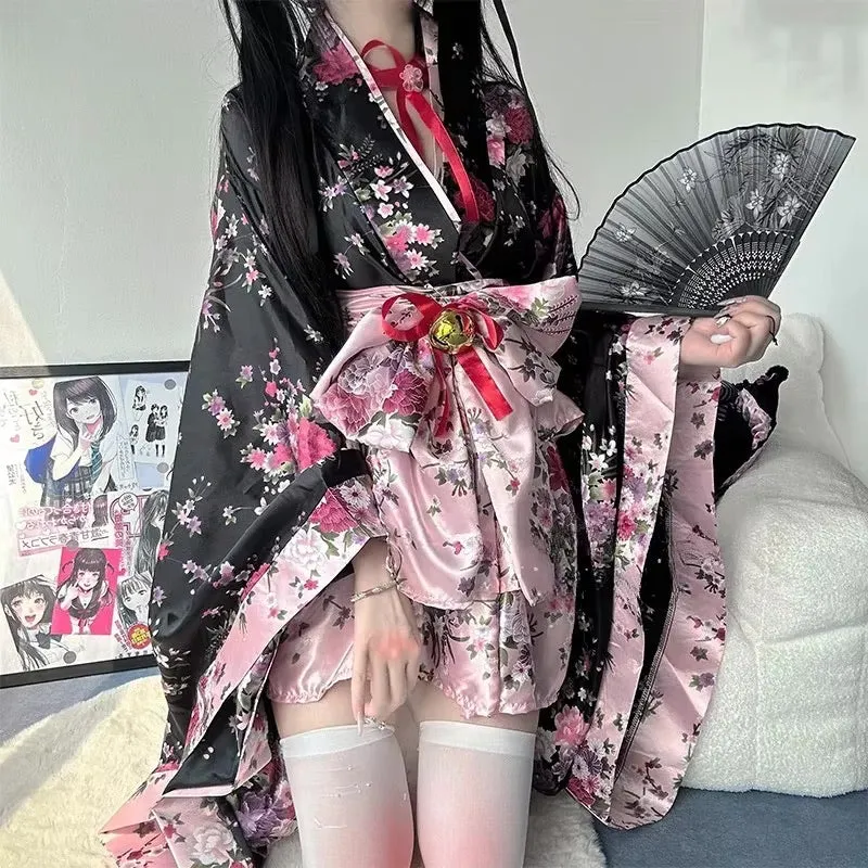 Traditional Japanese Pink & Black Kimono Dress