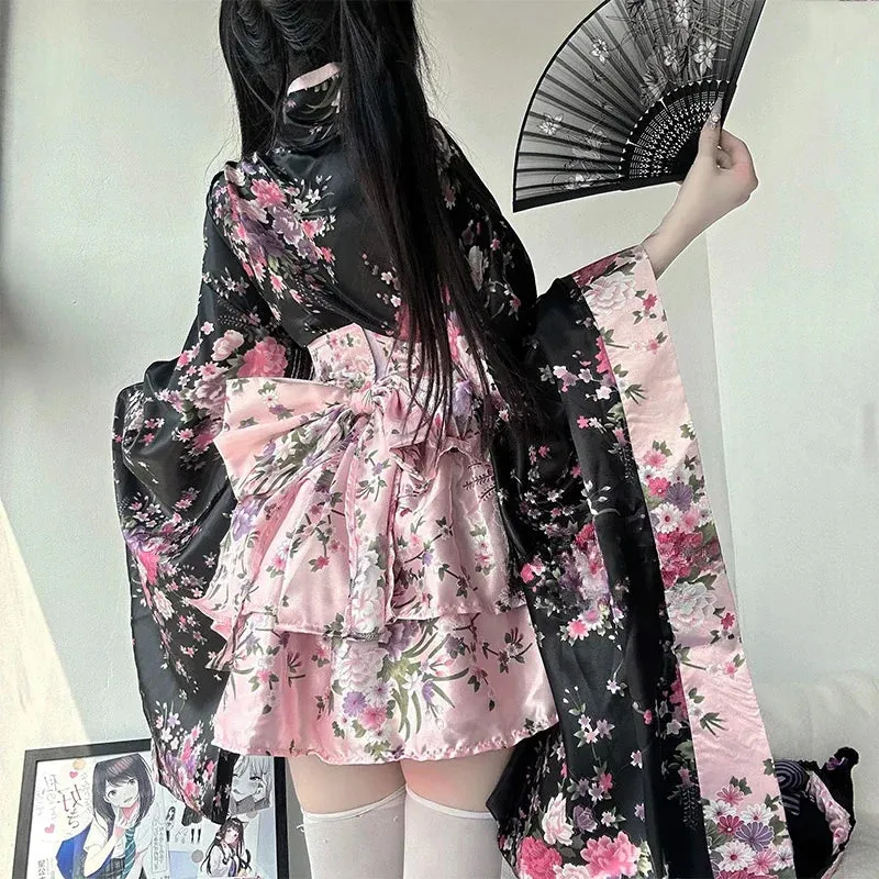 Traditional Japanese Pink & Black Kimono Dress