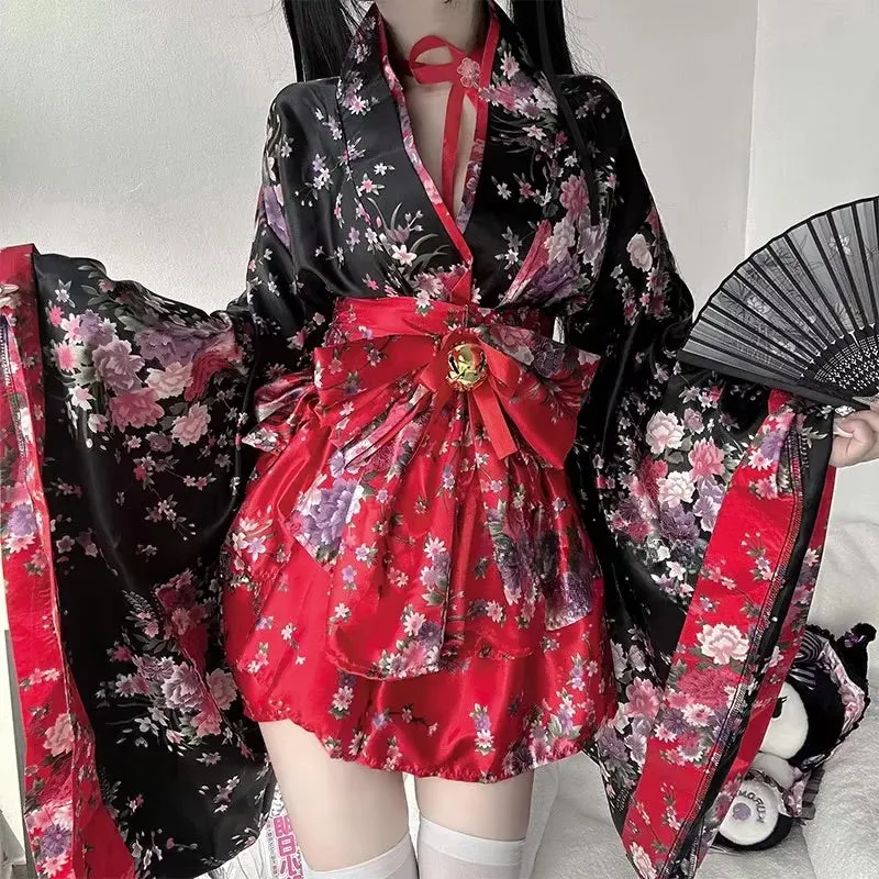 Traditional Japanese Pink & Black Kimono Dress