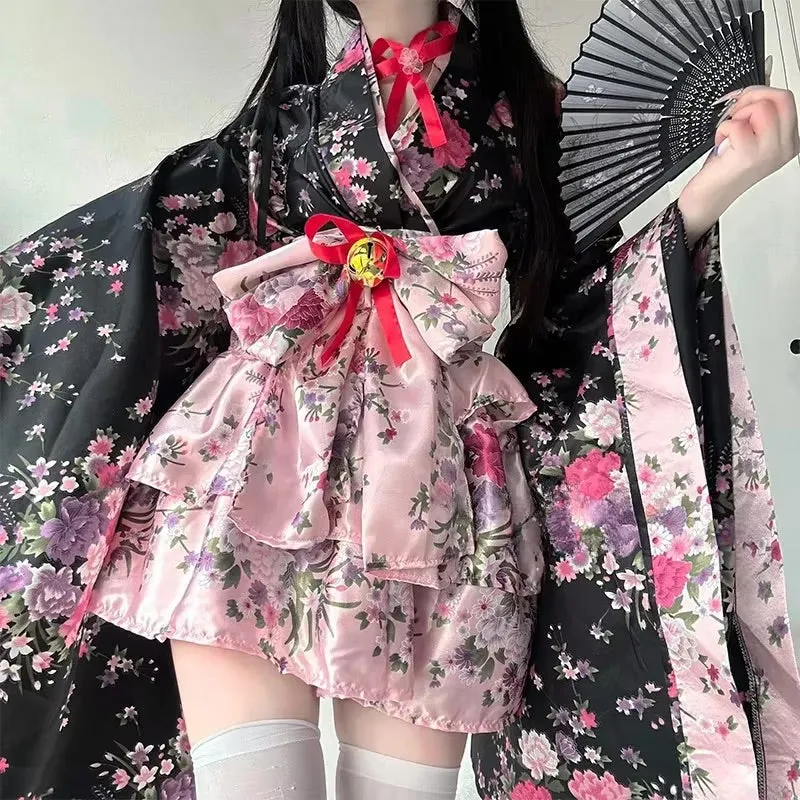 Traditional Japanese Pink & Black Kimono Dress